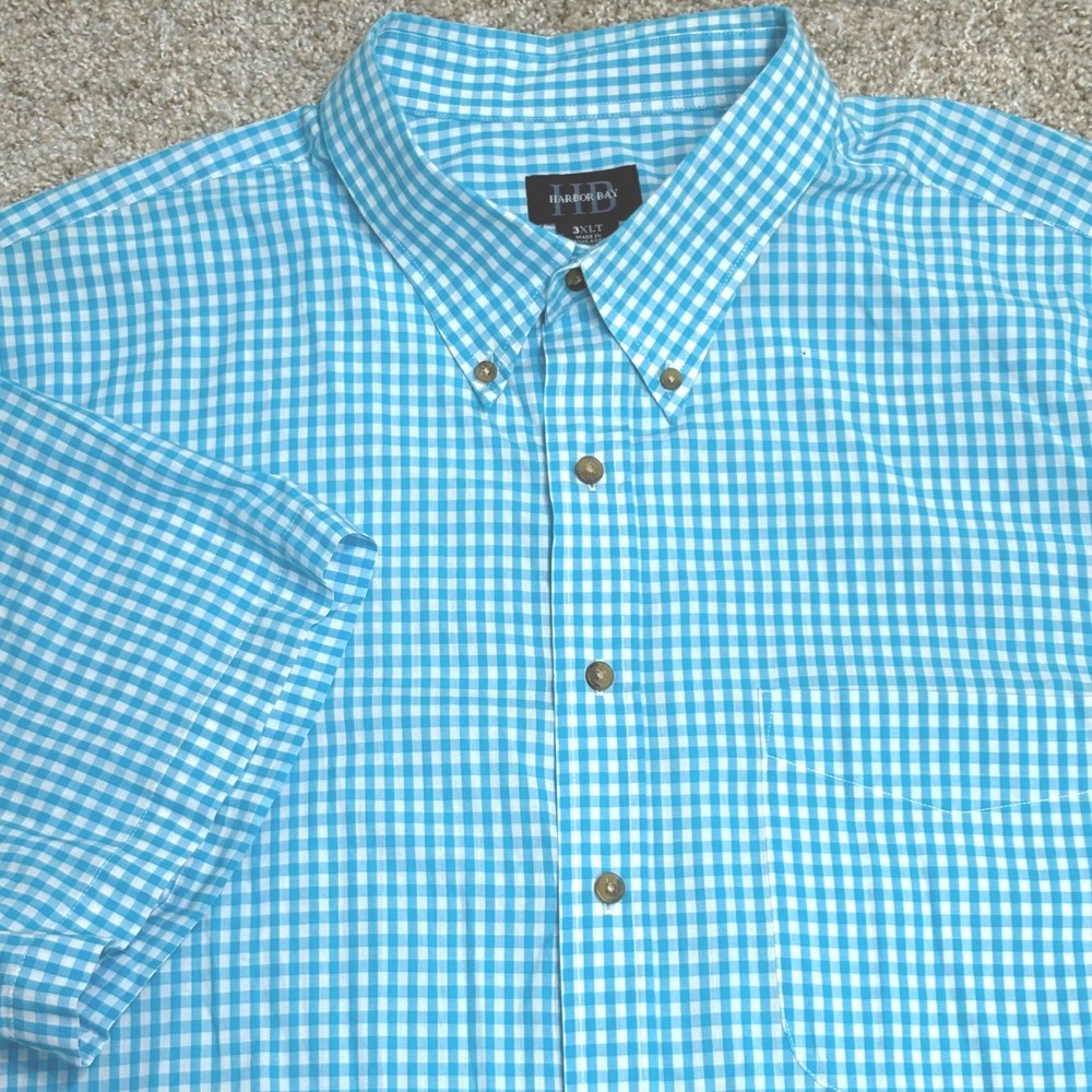 Mens 3XLT Shirt Gingham Check Harbor Bay Blue Teal Short Sleeve Pocket Cotton